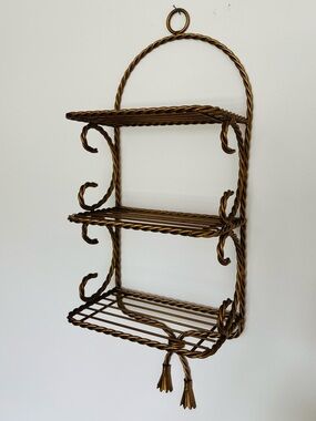 3 Tiered Hollywood Regency Gold-Tone Twisted Rope Wall Shelf 21inches High